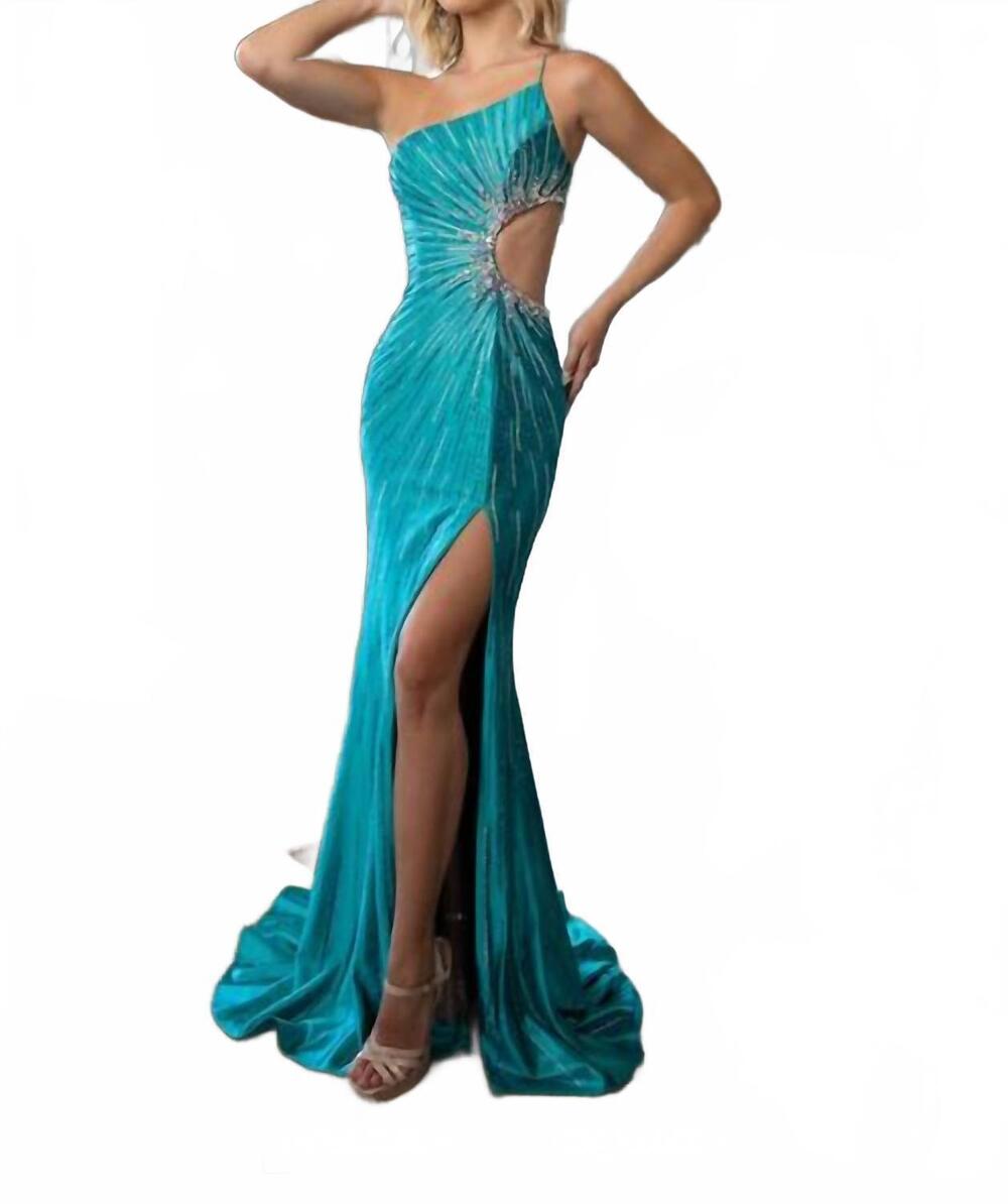 NEW RACHEL ALLAN beaded one shoulder slit gown in jade